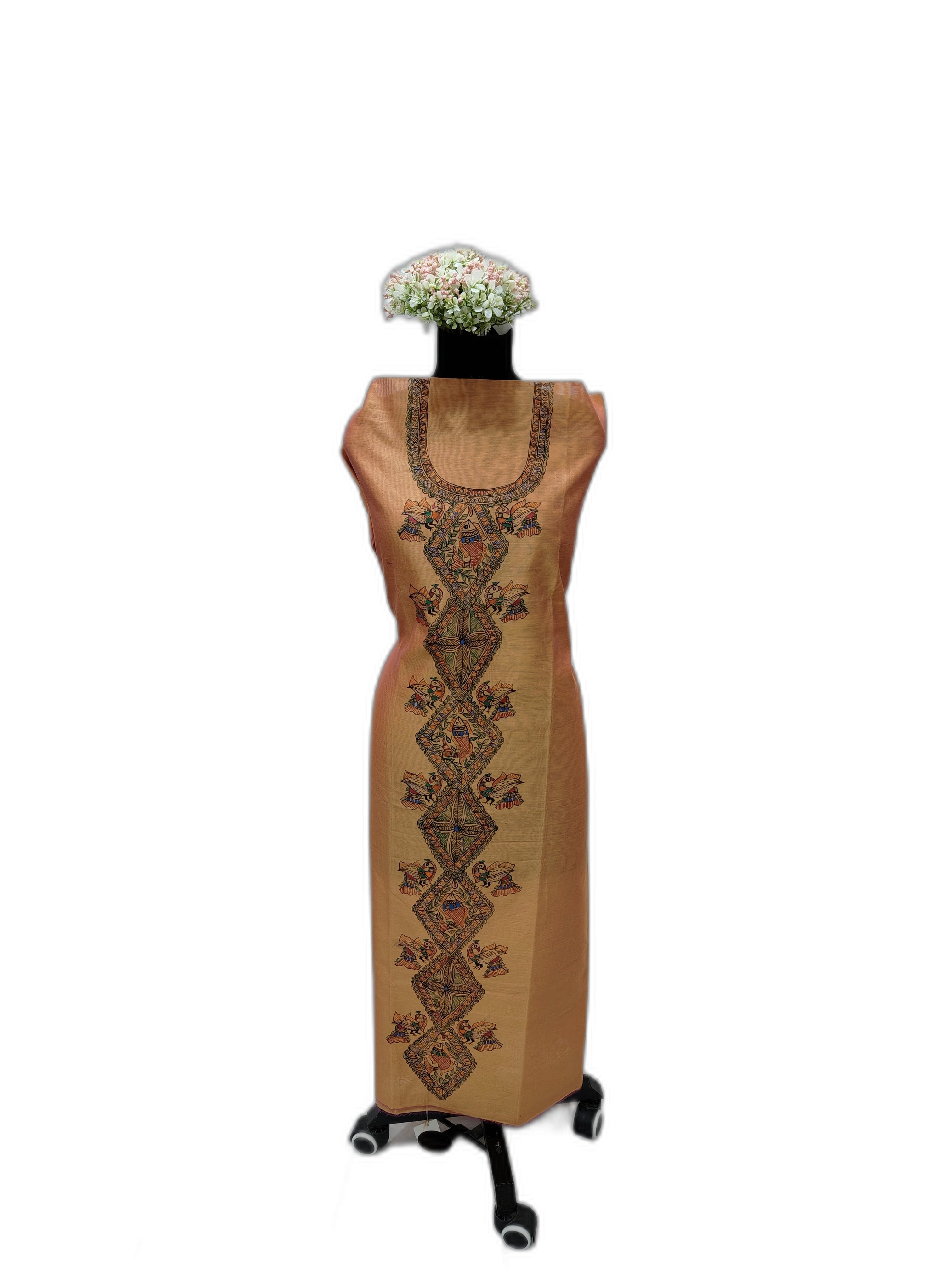 Hand-Painted Madhubani Unstitched Kurti on Chanderi – Orange